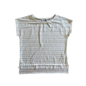 Dantelle Whimsy Sheer White Gold Metallic Striped Short Sleeve Top Blouse Size M